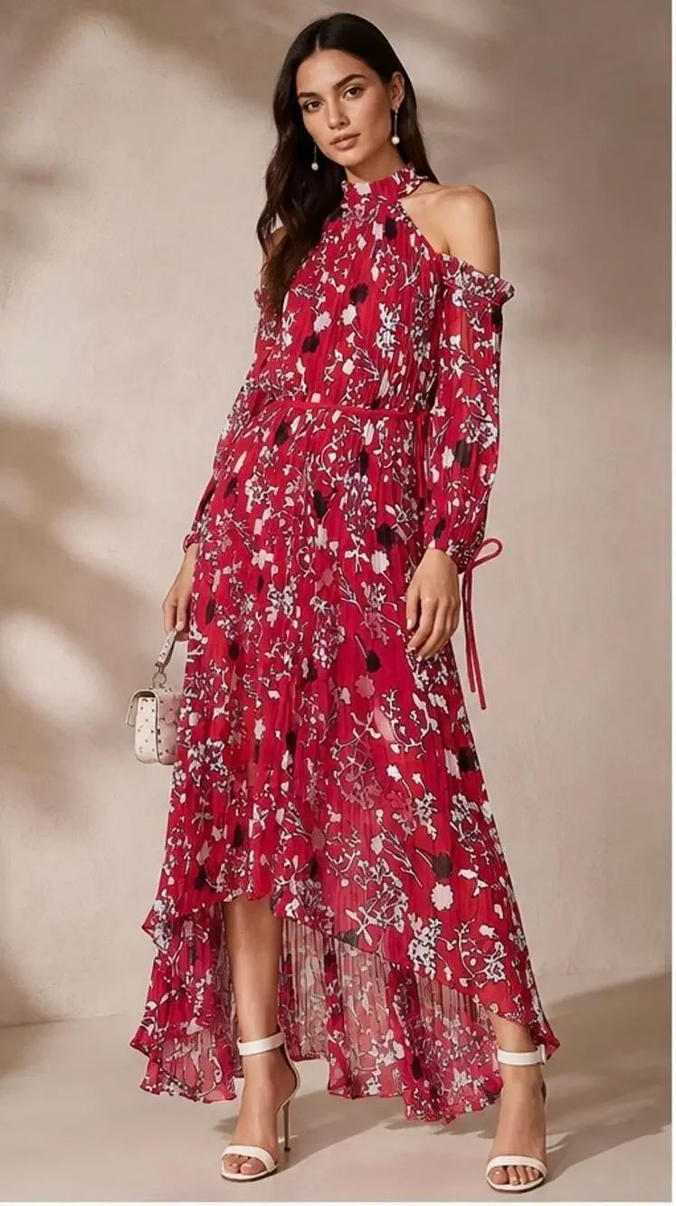 Self-Portrait Red Floral Printed Cold Shoulder Midi Dress Large NWT